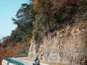 Motociclista recorriendo una espectacular carretera de montaña en otoño